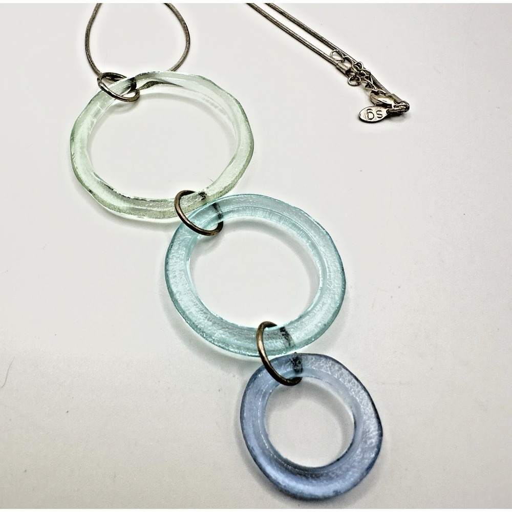 Modernist Necklace Smart Glass SG Recycled Bottle Pendant 18" + 3.5" Silver Tone